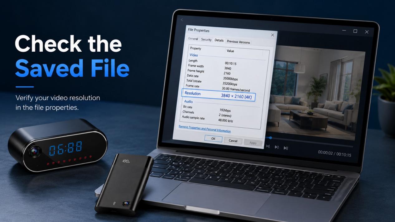 Check the saved video file properties to verify whether a security camera is recording in 4K or 1080P Check the saved video file properties to verify whether a security camera is recording in 4K or 1080P